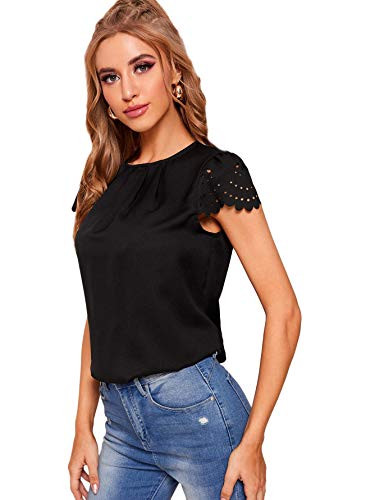 Romwe Women's Elegant Work Short Sleeve Keyhole Back Crew Neck Blouse Tops Black S