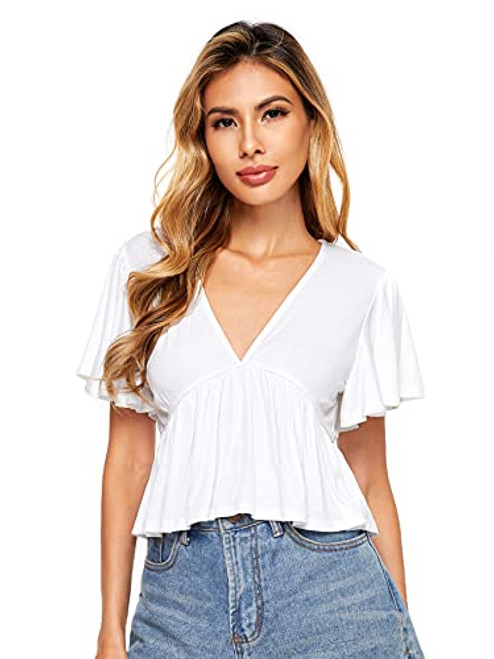 SheIn Women's Plunging V Neck Short Sleeve Ruffle Hem Peplum Top Blouse Plain White Large