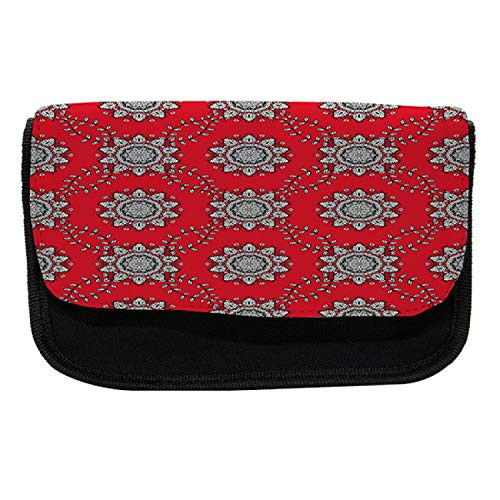 Ambesonne Red Mandala Pencil Case, Swirls Floral Mesh, Fabric Pen Pencil Bag with Double Zipper, 8.5" x 5.5", Vermilion Grey Black White
