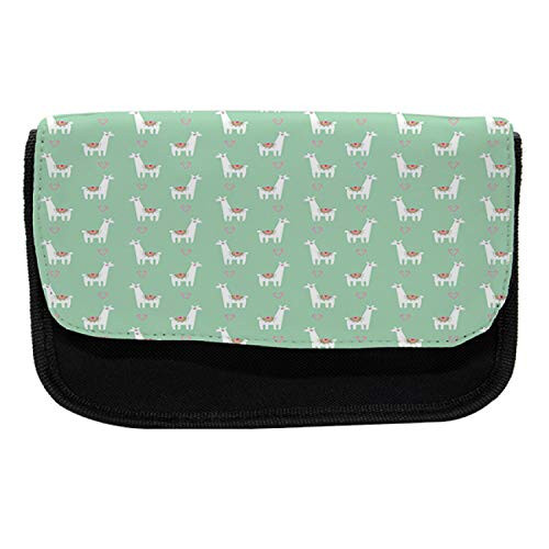Ambesonne Llama Pencil Case, Candy Cane Hearts, Fabric Pen Pencil Bag with Double Zipper, 8.5" x 5.5", Mint Green Multicolor