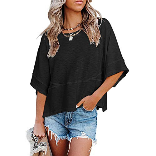 Sovelen Women's Summer Casual Crewneck 3/4 Sleeve T-Shirts Solid Color Loose Fit Cute Basic Tops Tees Blouses Black