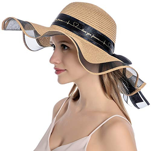 Womens Straw Sun Hat Summer UV Protection Wide Brim Bowknot Beach Hats Floppy Foldable Roll Up Travel Cap Khaki