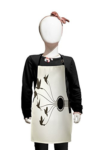 Lunarable Music Apron, Bird Silhouettes Flying from The Strings of The Guitar Abstract Illustration, Small Apron Bib with Adjustable Ties for Baking Painting, Small Size, Sepia Black Beige