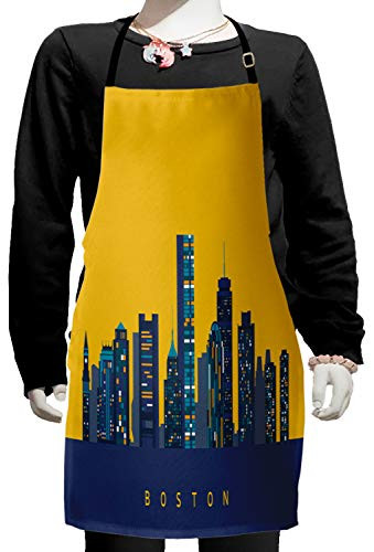 Ambesonne Boston Apron, Iconic Buildings Flat City Illustration and Egg Yolk Color Sky, Small Apron Bib with Adjustable Ties for Baking Painting, Small Size, Earth Yellow Dark Blue