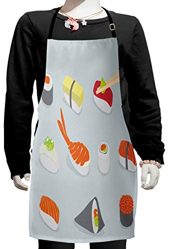 Ambesonne Sushi Apron, Snacks as Nigiri Maki and Tobiko Rolls in The Style of Flat Design, Small Apron Bib with Adjustable Ties for Baking Painting, Small Size, Multicolor