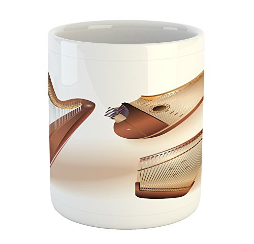 Lunarable Music Mug, String Plucked Instruments Classical Harp Latvian Kokle and Finnish Kantele, Printed Ceramic Coffee Mug Water Tea Drinks Cup, Pale Brown and Beige
