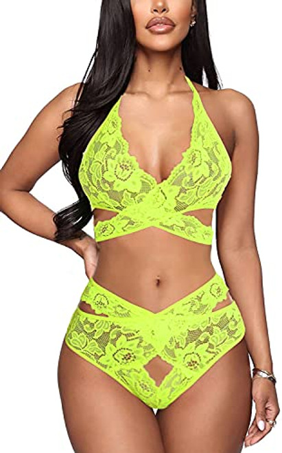 Donnalla Women Sexy Lingerie Set Two Piece Lace Bra and Panty Set Babydoll Sleepwear, Fluorescent Green, X-Large Donnalla Women Sexy Lingerie Set Two Piece Lace Bra and Panty Set Babydoll Sleepwear, Fluorescent Green, X-Large