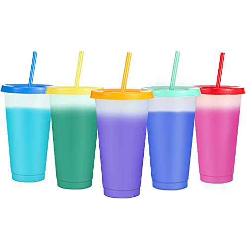 Sursip 24oz 5 Pack Plastic Tumblers with Lids  and  Straws,Reusable Party Drinking Cup BPA free Cold Coffee Tumbler - Color Changing Cups for Kids  and  Adults