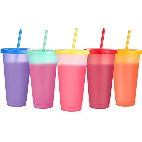 Sursip Plastic Tumblers with Lids  and  Straws 24oz - 5 Pack Reusable Party Drinking Cup BPA free Cold Coffee Tumbler - Color Changing Cups for Kids  and  Adults