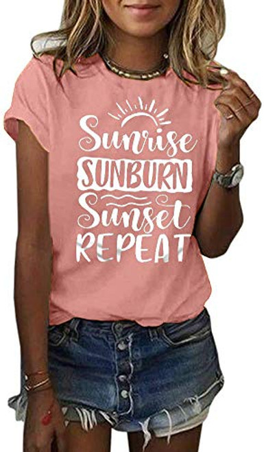 Country Music Women Tshirt Sunrise Sunburn Sunset Repeat Vacation Tops Retro Graphic Summer Casual Short Sleeve Tee Top -Pink, Medium-