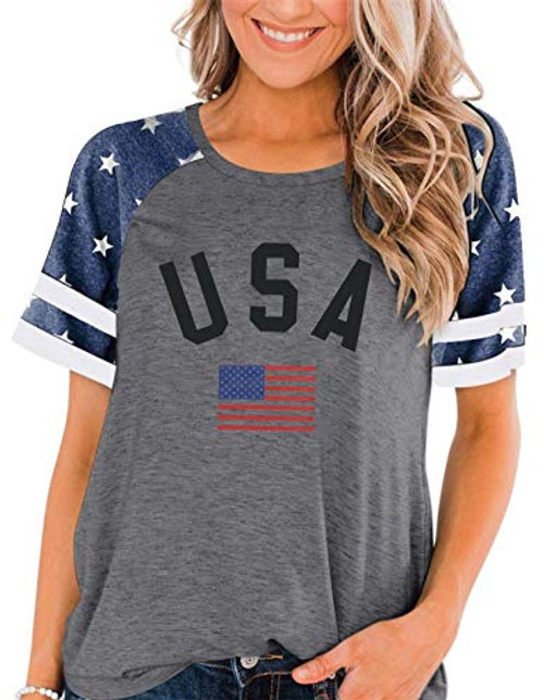 MAXIMGR Women's American Flag T-Shirt American Star Stripe Print Patriotic Top Tees July 4th Short Sleeve Casual Shirt Tops -Light Gray, L- MAXIMGR Women's American Flag T-Shirt American Star Stripe Print Patriotic Top Tees July 4th Short Sleeve Casual Shirt Tops -Light Gray, L-