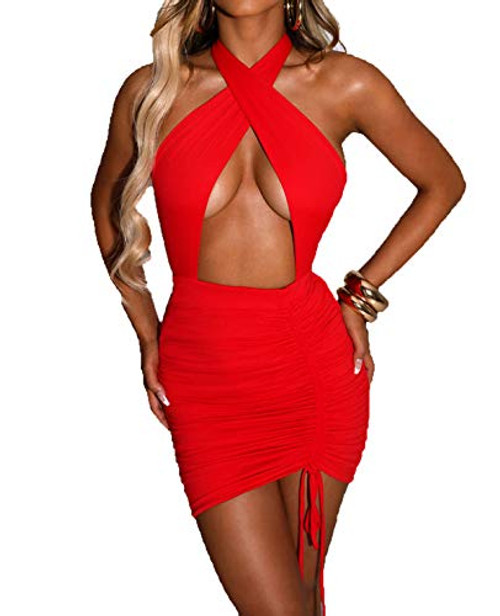 Forlisea Womens Sexy Halter Bodycon Dress Sleeveless Backless Crisscross Cut Out Ruched Clubwear Mini Dress Red