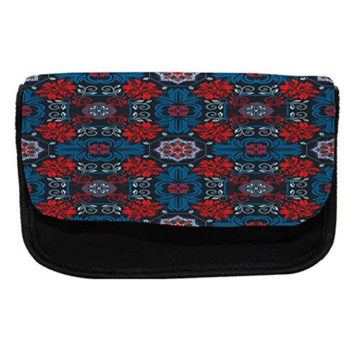 Lunarable Paisley Pencil Case, Floral Ivy Detail Design, Fabric Pen Pencil Bag with Double Zipper, 8.5" x 5.5", Navy Blue and Red