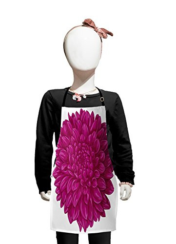 Lunarable Dahlia Flower Apron, Big Large Flat Sparse Florets with Outward Pompons Vintage Style in Fuchsia Color, Small Apron Bib with Adjustable Ties for Baking Painting, Small Size, Pink