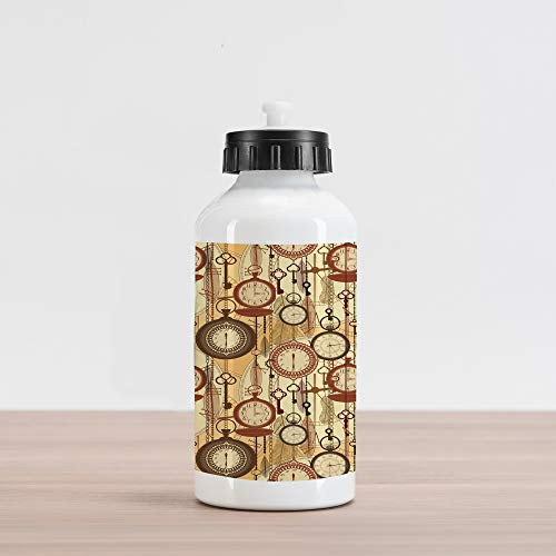 Lunarable Beige Aluminum Water Bottle, Retro Style Old Nostalgic Watches Feathers and Keys 1920s Modern Bohemian Art, Aluminum Insulated Spill-Proof Travel Sports Water Bottle, Brown Red Yellow