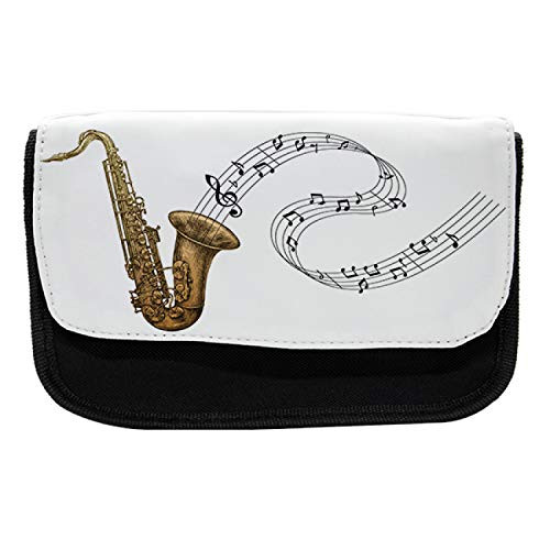Lunarable Saxophone Pencil Case, Jazz Blues Concert Rock, Fabric Pen Pencil Bag with Double Zipper, 8.5" x 5.5", Pale Brown Black