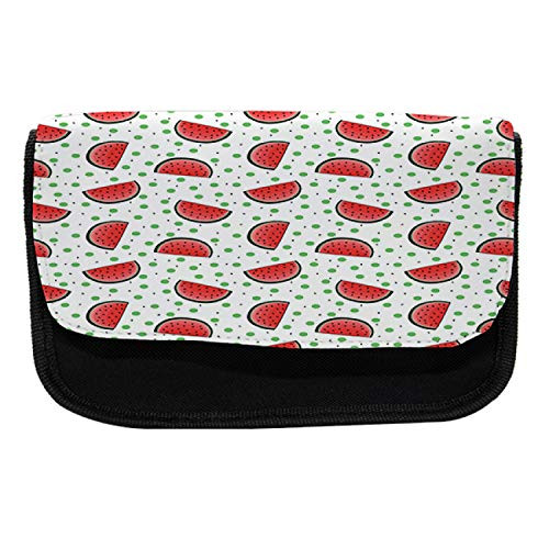Lunarable Watermelon Pencil Case, Green Dots with Slices, Fabric Pen Pencil Bag with Double Zipper, 8.5" x 5.5", Dark Coral Black and Green