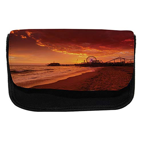 Lunarable Santa Monica Pier Pencil Case, Ferris Wheel Sky, Fabric Pen Pencil Bag with Double Zipper, 8.5" x 5.5", Burnt Orange Dark Brown