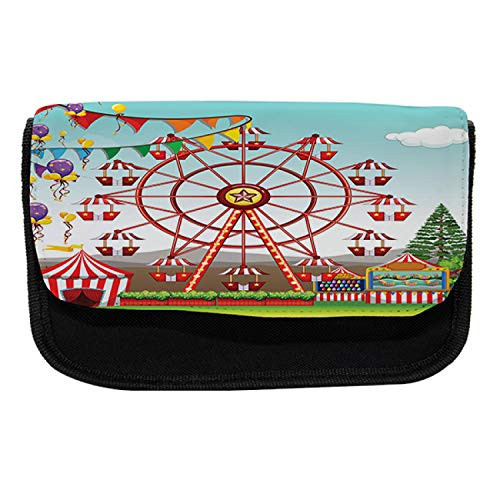 Lunarable Circus Pencil Case, Ferris Wheel Amusement Park, Fabric Pen Pencil Bag with Double Zipper, 8.5" x 5.5", Multicolor
