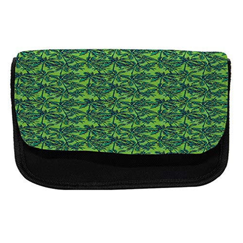 Lunarable Green Pencil Case, Tropical Island Forest, Fabric Pen Pencil Bag with Double Zipper, 8.5" x 5.5", Jade Green Lime Green