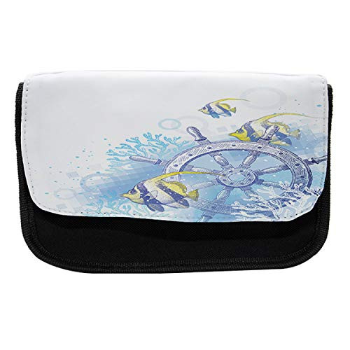 Lunarable Ships Wheel Pencil Case, Tropical Fauna Corals, Fabric Pen Pencil Bag with Double Zipper, 8.5" x 5.5", Pale Blue Aqua
