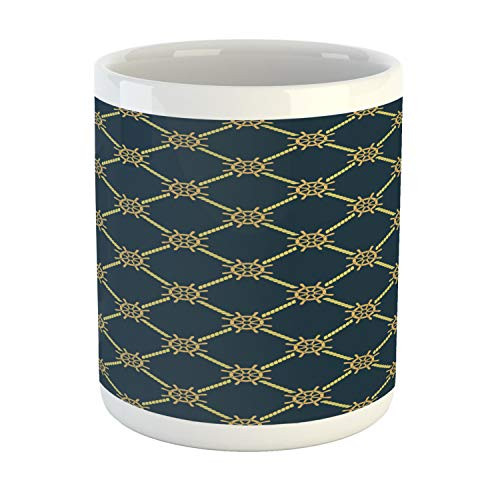 Lunarable Ship's Wheel Mug, Ropes and Helms Nautical Checkered Pattern Sailing Illustration, Ceramic Coffee Mug Cup for Water Tea Drinks, 11 oz, Petrol Blue Pale Yellow