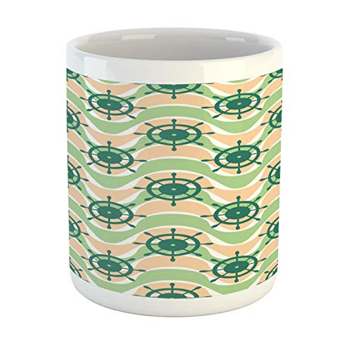 Lunarable Ship's Wheel Mug, Navigation Elements Wavy Body of Sea Nautical Theme Helm, Ceramic Coffee Mug Cup for Water Tea Drinks, 11 oz, Apple Green Jade Green
