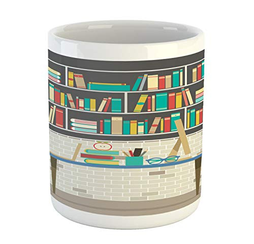 Lunarable Bookcase Mug, Modern Flat Design Illustration of an Office Workplace with a Table and Two Chairs, Ceramic Coffee Mug Cup for Water Tea Drinks, 11 oz, Multicolor