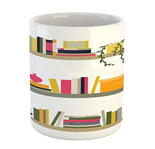 Lunarable Bookcase Mug, Home Library Illustration in Flat Style Interior Design Flowers Reading Hobbies, Ceramic Coffee Mug Cup for Water Tea Drinks, 11 oz, Multicolor
