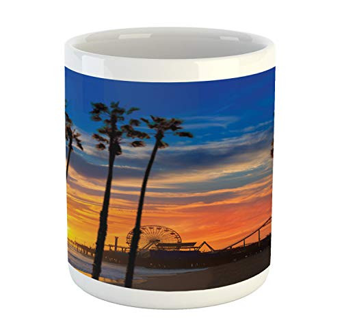 Lunarable Santa Monica Pier Mug, Peaceful Coastline at Sunset Trees Ferris Wheel Dramatic Sky America, Ceramic Coffee Mug Cup for Water Tea Drinks, 11 oz, Multicolor