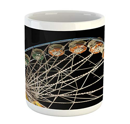 Lunarable Ferris Wheel Mug, Entertainment in Colorful Amusement Park Ride at Night Carnival, Ceramic Coffee Mug Cup for Water Tea Drinks, 11 oz, Charcoal Grey Multicolor