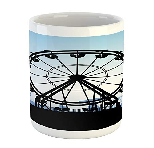 Lunarable Ferris Wheel Mug, Buildings with Amusement Park Ride and Roller Coaster Silhouettes, Ceramic Coffee Mug Cup for Water Tea Drinks, 11 oz, Charcoal Grey Baby Blue
