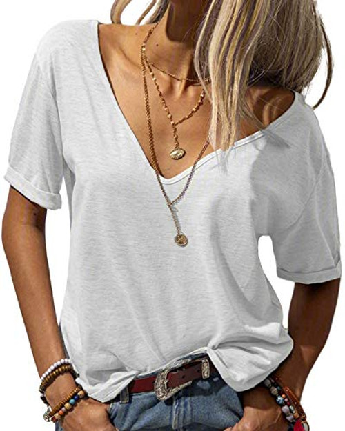 Danedvi Women Fashion Deep V-Neck Short Sleeve Tops Solid Casual Loose Basic T Shirt White Danedvi Women Fashion Deep V-Neck Short Sleeve Tops Solid Casual Loose Basic T Shirt White