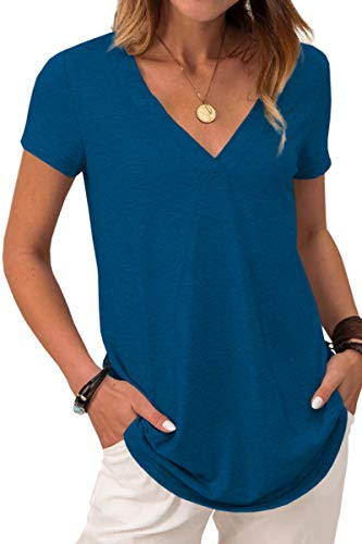 Danedvi Women Fashion V-Neck Short Sleeve T Shirt Solid Casual Loose Lined Basic Tops Blue