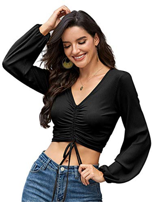 LYANER Women's V Neck Tie Front Ruched Drawstring Long Sleeve Crop Blouse Shirt Top Black Large LYANER Women's V Neck Tie Front Ruched Drawstring Long Sleeve Crop Blouse Shirt Top Black Large