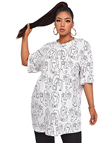 Romwe Women's Plus Size Novetly Graphic Tees Short Sleeve Round Neck Oversized T Shirt Tops White 4XL