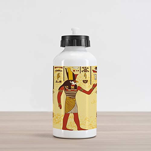 Ambesonne Ethnic Aluminum Water Bottle, Egyptian Hieroglyph with Symbolic Figure Retro Myth Papyrus Graphic, Aluminum Insulated Spill-Proof Travel Sports Water Bottle, Pale Yellow Marigold Red