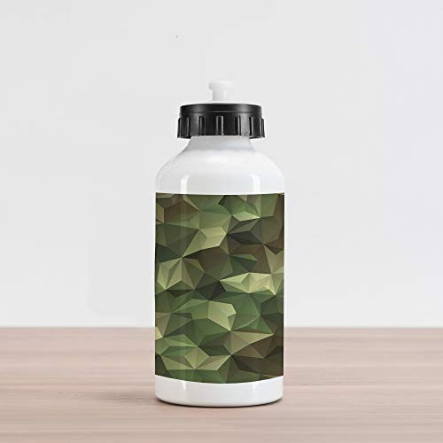 Ambesonne Sage Aluminum Water Bottle, Geometric Fractal Shapes Triangles Camouflage Inspired Form with Poly Effect, Aluminum Insulated Spill-Proof Travel Sports Water Bottle, Brown and Green