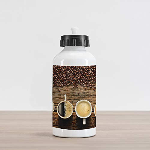 Ambesonne Coffee Aluminum Water Bottle, Assortment of Coffee Cups with Beans on Wooden Table Americano Cappuccino Mug, Aluminum Insulated Spill-Proof Travel Sports Water Bottle, Brown White