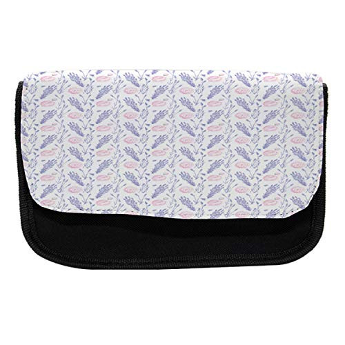 Ambesonne Vintage Rose Pencil Case, Lavender Floral Sketch, Fabric Pen Pencil Bag with Double Zipper, 8.5" x 5.5", Pale Pink and Pale Ceil Blue