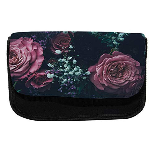 Ambesonne Vintage Rose Pencil Case, Dreamy Romantic Flower, Fabric Pen Pencil Bag with Double Zipper, 8.5" x 5.5", Pale Slate Blue Pale Fuchsia Quartz