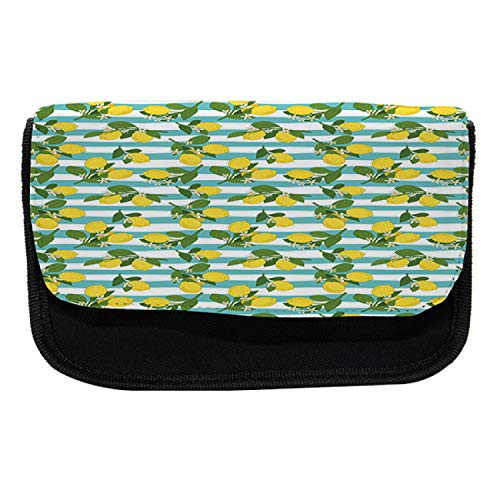 Ambesonne Lemons Pencil Case, Lemon Blossoms Leaves Art, Fabric Pen Pencil Bag with Double Zipper, 8.5" x 5.5", Seafoam Mustard Olive Green