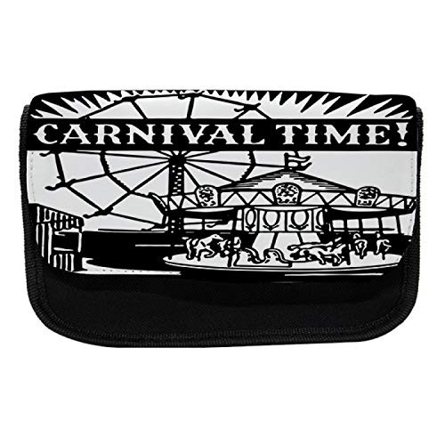 Ambesonne Ferris Wheel Pencil Case, Carnival Time Carousel, Fabric Pen Pencil Bag with Double Zipper, 8.5" x 5.5", Charcoal Grey White