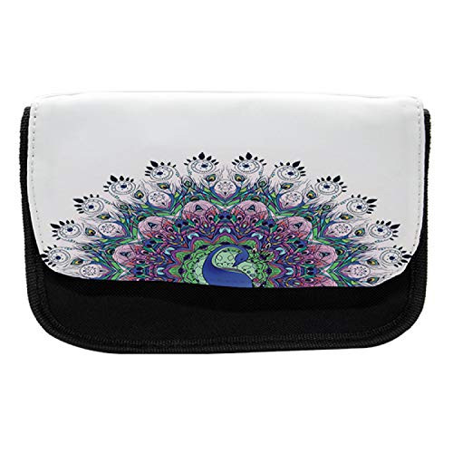 Ambesonne Colorful Pencil Case, Exotic Wild Peacock, Fabric Pen Pencil Bag with Double Zipper, 8.5" x 5.5", Violet Blue Green Pink