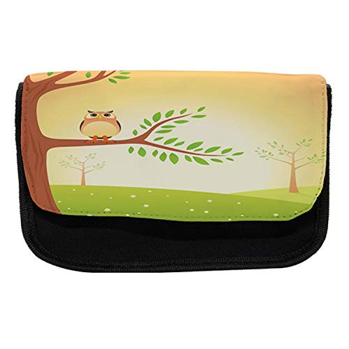 Ambesonne Owl Print Pencil Case, Wise Bird Cartoon Art, Fabric Pen Pencil Bag with Double Zipper, 8.5" x 5.5", Pale Yellow Lime Green Pale Cinnamon