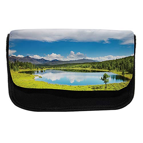 Ambesonne Nature Pencil Case, Sky Mountain Landscape, Fabric Pen Pencil Bag with Double Zipper, 8.5" x 5.5", Green Blue White