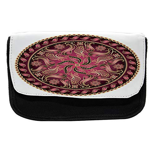 Ambesonne Ethnic Pencil Case, Red Mandala Pattern, Fabric Pen Pencil Bag with Double Zipper, 8.5" x 5.5", Magenta and Yellow
