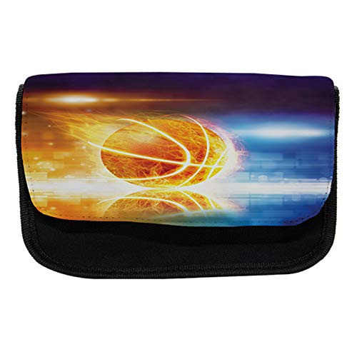 Ambesonne Abstract Pencil Case, Burning Basketball Art, Fabric Pen Pencil Bag with Double Zipper, 8.5" x 5.5", Blue Yellow