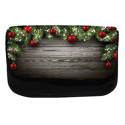 Ambesonne Christmas Pencil Case, Red Balls Fir Branch, Fabric Pen Pencil Bag with Double Zipper, 8.5" x 5.5", Brown and Red