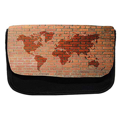Ambesonne Red Pencil Case, World Map on Brick Wall, Fabric Pen Pencil Bag with Double Zipper, 8.5" x 5.5", Orange